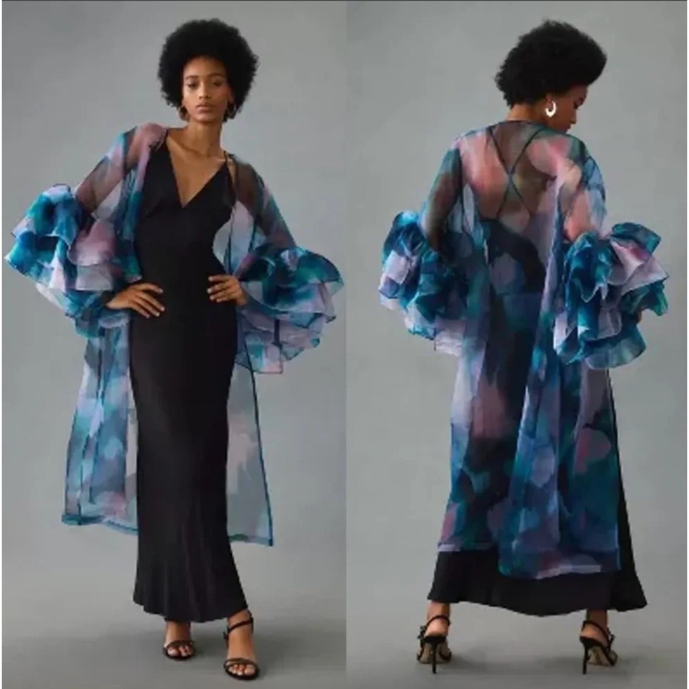 Anthropologie One Size Sheer Sheer Ruffle-Sleeve Kimono Duster Blue Watercolor